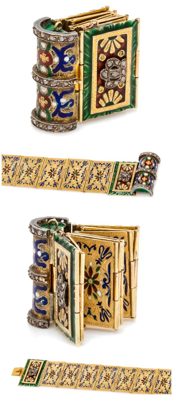 A Victorian yellow gold, silver, diamond and enamel folding book bracelet, circa 1860.