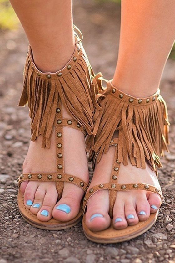 Womens Bohemia Ankle Strap Wrap Summer Tassel Flat Sandals Flip Flop Beach Shoes