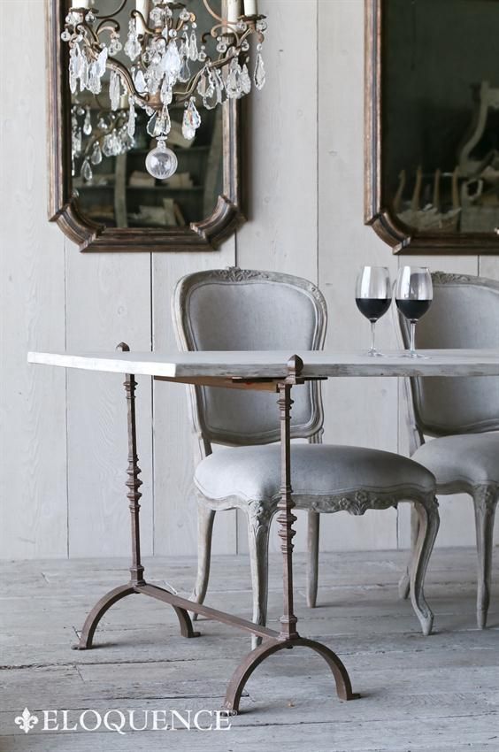 Interior Design Inspiration: French Country & French Nordic {Dining Rooms} Eloquence St. Remy Trestle Dining Table in #FrenchCountry dining room with elegant chandelier, mirror, and #romanticdecor