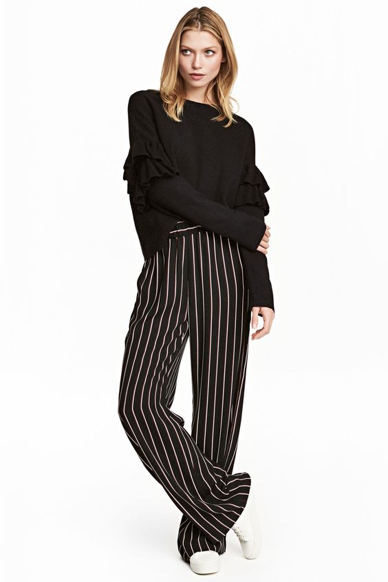 Pantalon large - Noir/rayé - | H&M FR