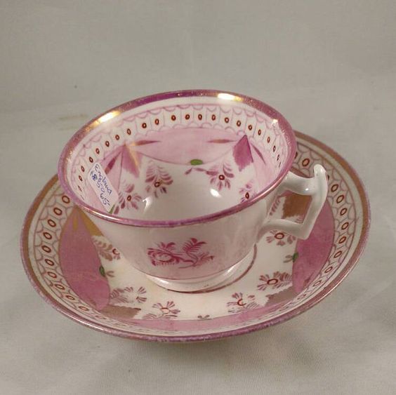 Antique English Pink Lustre Tea Cup/Saucer Floral Motif Pink