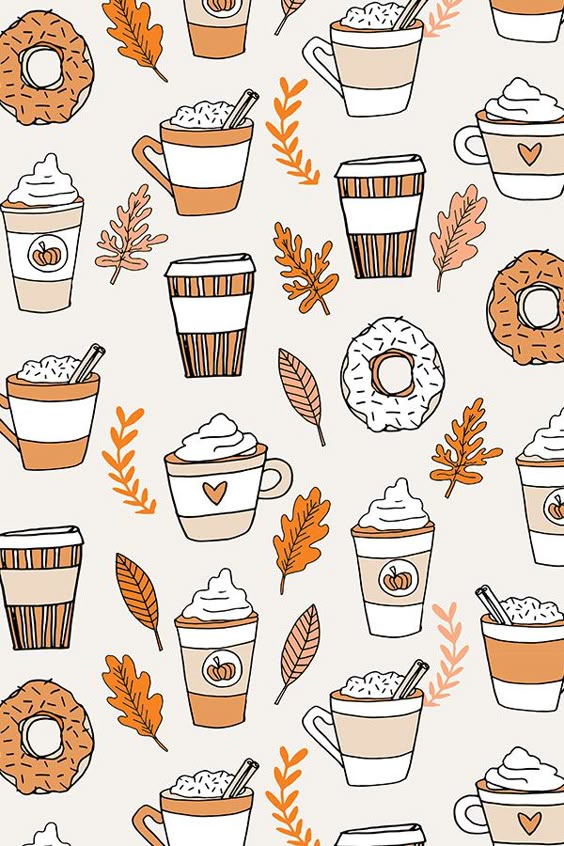 Pumpkin spice latte design by andrea_lauren - Pumpkin spice latte illustration with autumn leaves on fabric, wallpaper, and gift wrap. We love this playful fall coffee design with fall colors on a tan background. #fall #pumpkinlatte #autumn #design #illustration