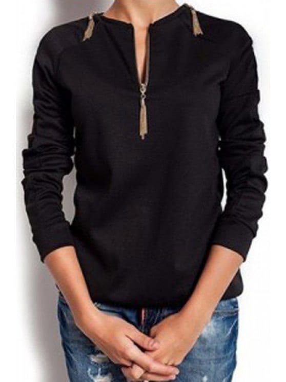 Long Sleeve Zipper Design T-Shirt - BLACK M