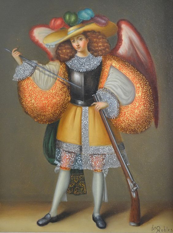 archangel oil painting on canvas cuzco artist Jose Robles. The style of this painting is old school Spanish colonial art.