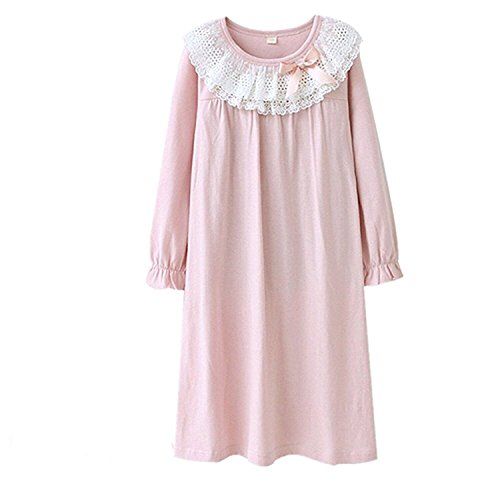 Abalaco Girls Kids Princess Cartoon Dot Lace Nightgown Long Cotton Sleepwear Pretty Home Dress