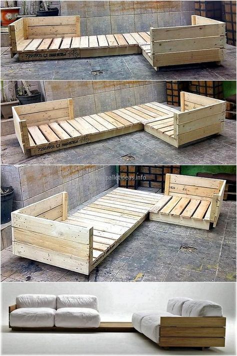 An exceptional project ready to provide you a trendy and unique sitting arrangement. This elegant wooden pallet couch helps you out in beautiful interior designing. Along with providing enough seating, it also provides serving arrangement in the form of attached table. This undressed and rough wood is looking alluring even when its not given a complete look. #palletfurnitureeasy
