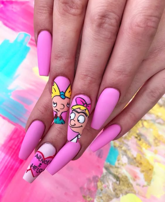 Hey Arnold Nails! #nailart #nailacrylic #naildesigns #nailideas #pinknails #heyarnold #90saesthetic #coffinnailslong