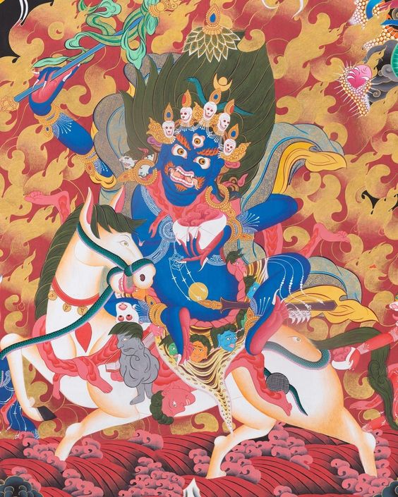 Pure 24 Carat Gold,Gouache and acrylic colors on Cotton Canvas - Palden Lhamo or Shri Devi The Queen who averts War and the personal protector of Dalai Lama (Brocadeless Thangka)