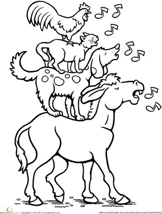 Color The Bremen Town Musicians | Worksheet | Education.com | Music Coloring, Coloring Pages, Bremen