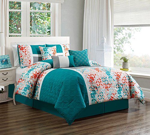 7 Piece Turquoise Blue Orange Grey Patchwork Bed In A Bag Microfiber Comforter Set King Size Bedding Perfect For Sets Comforters 7 Piece Turquoise Blue Orange Grey, Turquoise King Size Bedding Sets