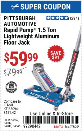 PITTSBURGH 1.5 Ton Aluminum Rapid Pump Racing Floor Jack for $59.99 | Coupon book, Harbor freight tools, Harbor freight coupon