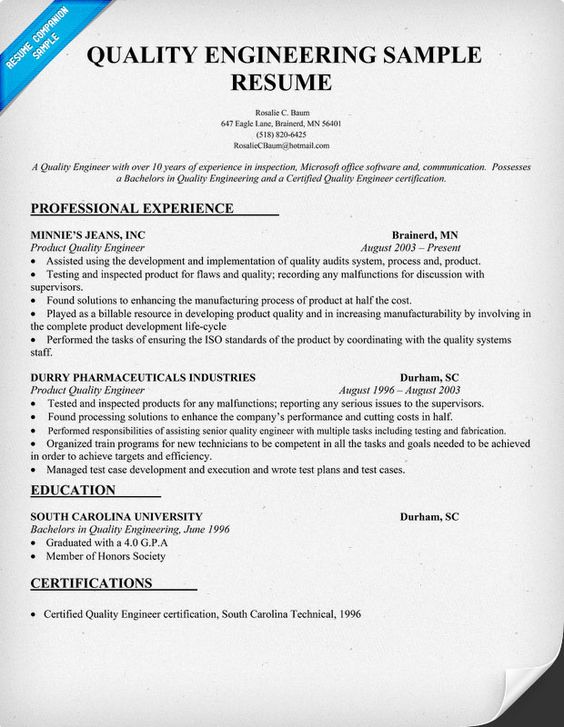 quality engineer sample resumes