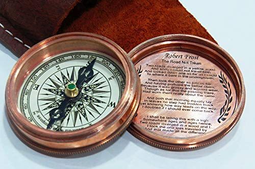 Vintage Brass antique Copper Robert Frost Poem Compass with Leather Cover Gift