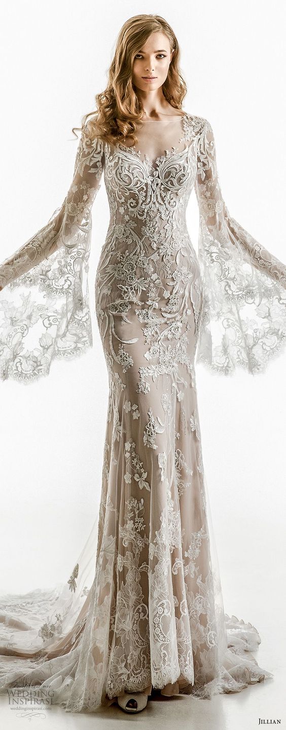 jillian 2018 bridal long bell sleeves sheer boat sweetheart neckline full embellishment elegant sheath wedding dress sheer button back chapel train (01) mv zv -- Jillian 2018 Wedding Dresses