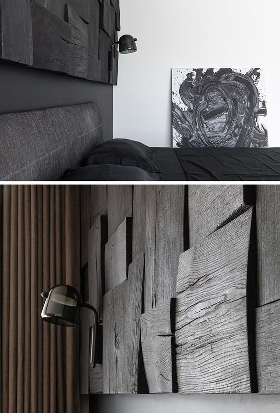 A Blackened Wood Accent Wall Provides Some Creative Texture In This Bedroom