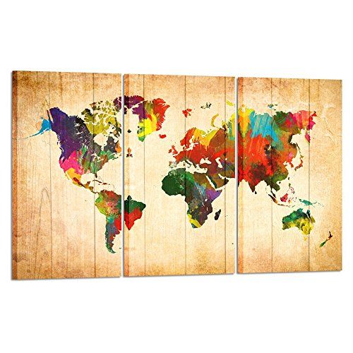 Vintage painting art deco MAP OF WORLD poster canvas framed