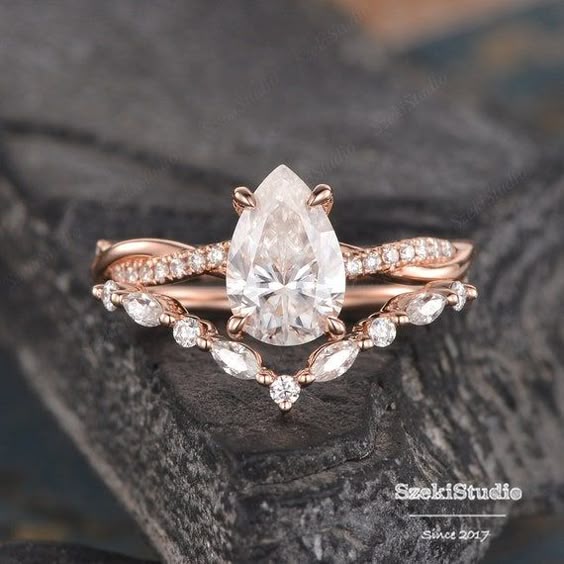 Pear Shaped Moissanite Engagement Ring Set Rose Gold Twist | Etsy