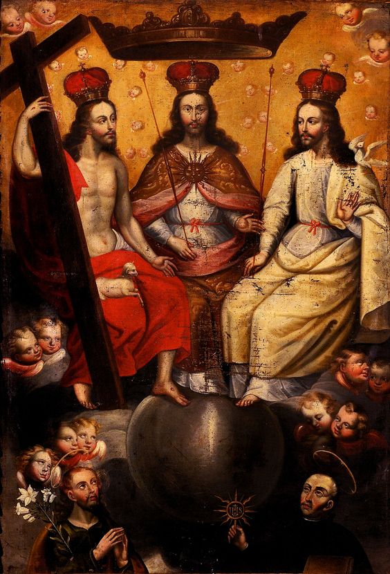 The Most Blessed Trinity enthroned, here shown as three identical Christ figures seated side by side; possibly Cuzco or Potosi school, c.17 century. The figures of Saint Joseph and Saint Ignatius Loyola complete the scene.