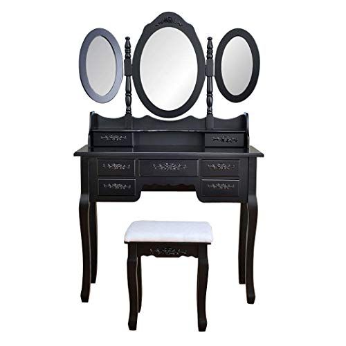 Shabby Chic Dressing Table Vanity Makeup with 7 Drawers 3 Mirrors and Stool