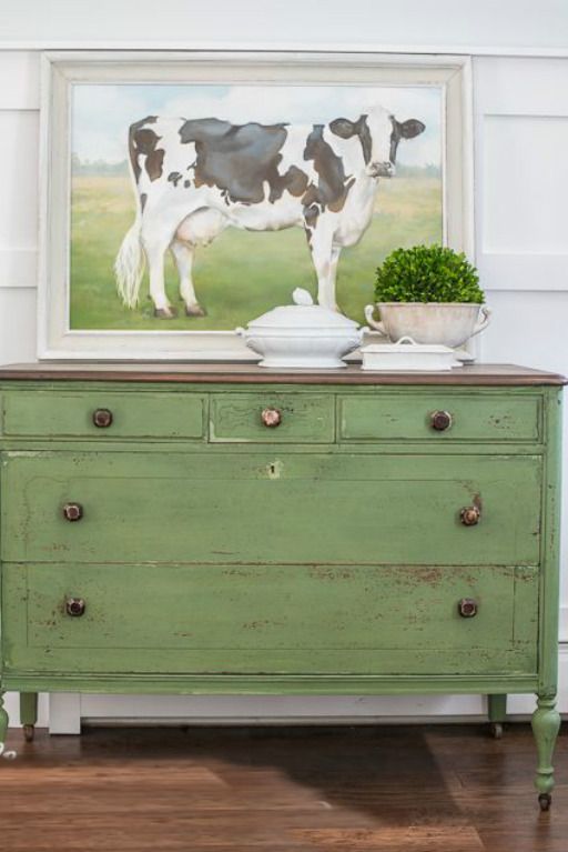 Decorating ideas and Spring inspiration! Cheery Spring green painted chest with painting of cow above it. Vintage French Soul ~