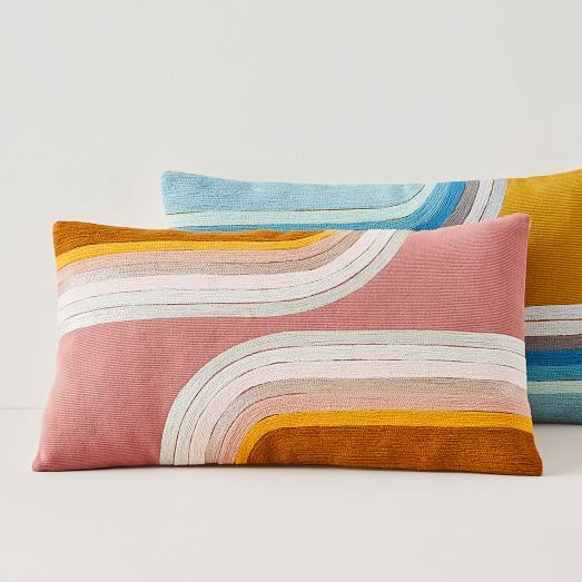 Crewel Collage Composition Pillow Cover Crewel Embroidered Lumbar Pillow Cover
