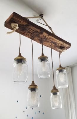Lámpara Con Frascos De Cristal Y Madera Recuperada Resultado Lampara Colgante De Madera Luces De Madera Lamparas De Techo Rusticas