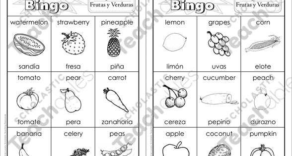Fruits And Vegetables Frutas Y Verduras Bilingual Bingo Games Printable Bingo Bingo Printable Game Fruit Elote