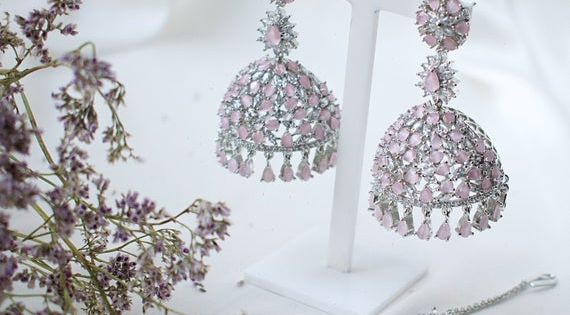 stones American diamond cut earrings white Style: AMANA Jewellery Set wedding tikka Indian bridal Atiya Choudhury handmade pearls