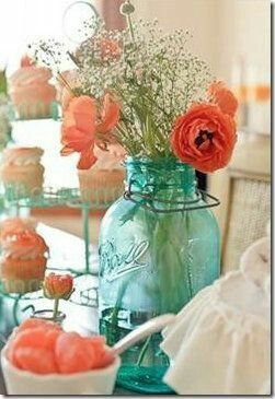 41 Best Turquoise Salmon And White Pastel Wedding Images On Turquoise Bottles With Salmon Coloured Flowers Are Great The White Centrepieces Of Tables