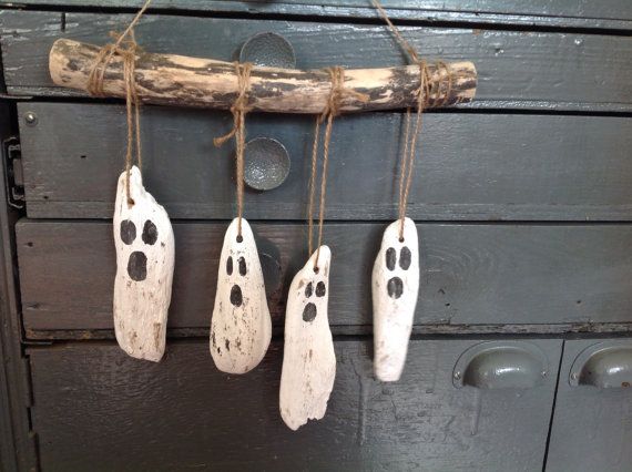 cute driftwood ghosts painted with acrylic paints and hung on rustic string unique and spooky halloween decorations - Rustic Halloween Decorations cute driftwood ghosts painted with acrylic paints and hung on rustic string unique and spooky halloween decorations - Rustic Halloween Decorations