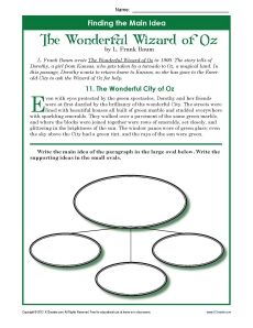5th Grade Main Idea Worksheet About The Wonderful Wizard ...