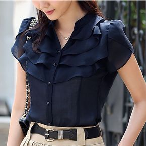 Verao Manga Borboleta Babados Gola Mulheres Chiffon Tamanho S 2XL Coreano Moda Lady Solto Blusa Verao Manga Borboleta Babados Gola Mulheres Chiffon Tamanho S 2XL Coreano Moda Lady Solto Blusa
