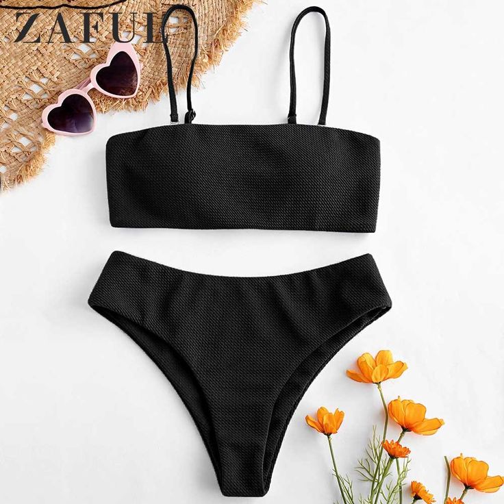 ZAFUL Bikini Textured Padded Bandeau Bikini Set Solid Classic Women Swimsuit Wir...