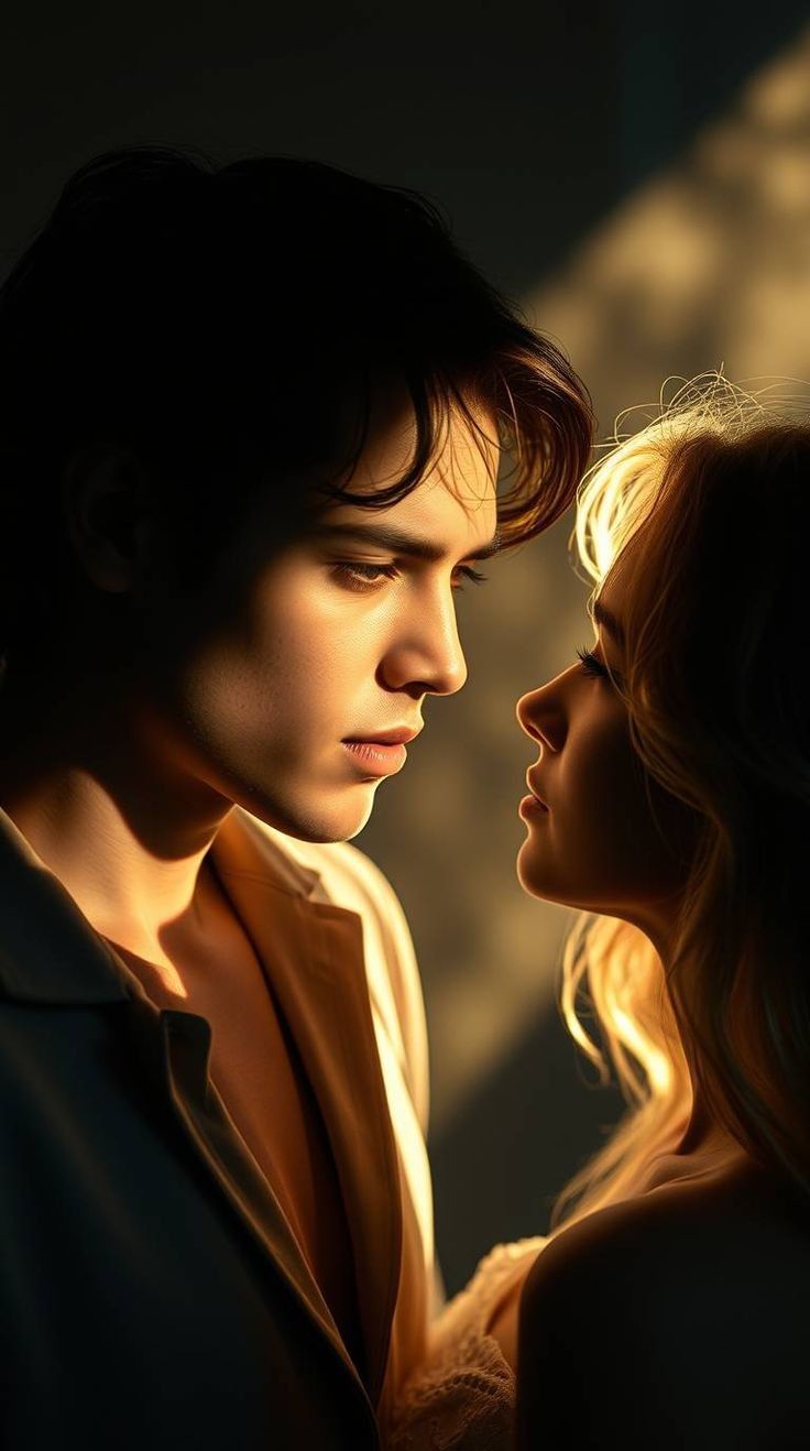 This may contain: a man and woman standing next to each other in front of a light shining on them