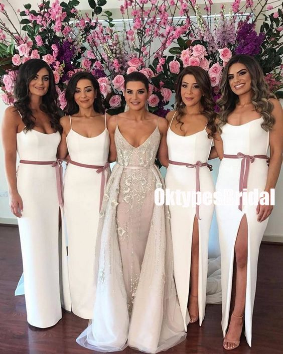 White Spaghetti Strap Bridesmaid Dresses, Sexy Side Slit Bridesmaid Dresses, Che...