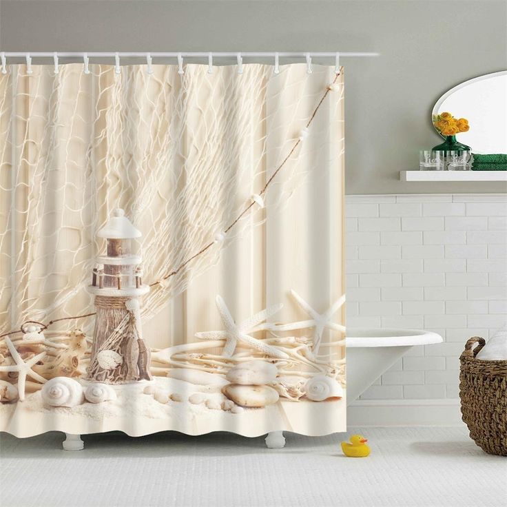 Nautical Seashell Shower Curtain Fabric Coastal Sea Shell Fishing Net