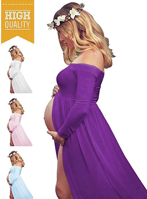 Saslax Women's Off Shoulder Ruffle Sleeve Lace Maternity Gown Maxi Photography Dress