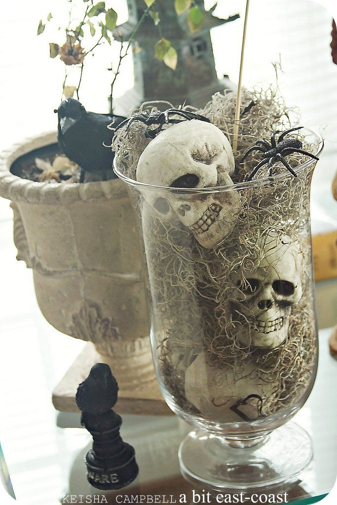 halloween decoration jars of skulls spiders ravens