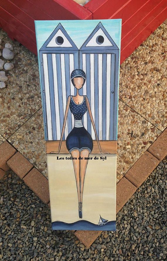 la demoiselle de la cabine peinture acrylique bleu mer plage vacances baigneuse art mini toile peinture art de la couleur