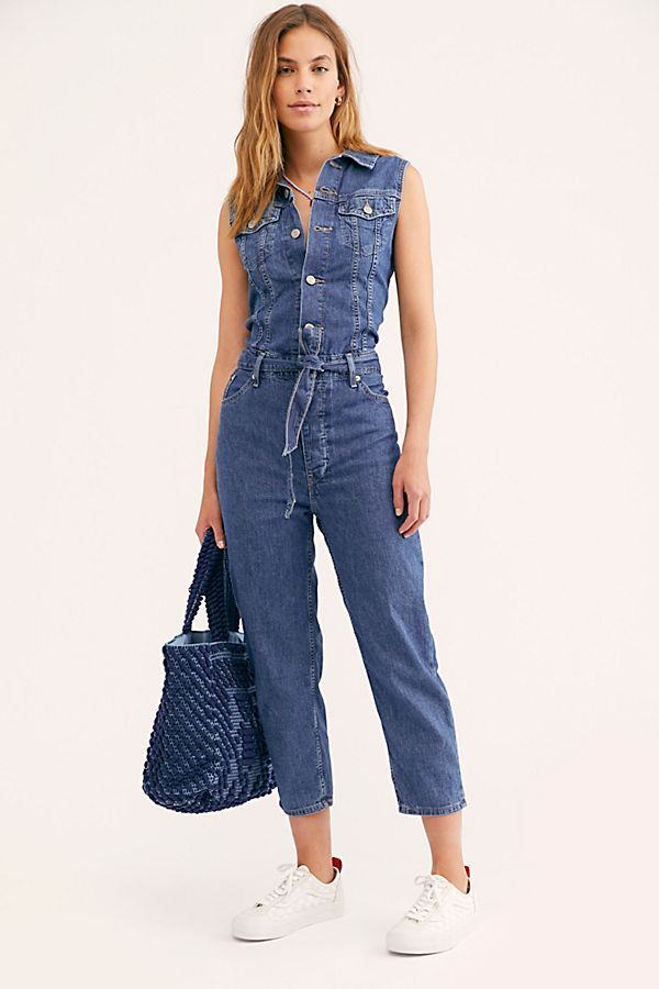 Whitive Womens Sleeveless Denim Single Breasted Jumpsuit Playsuit