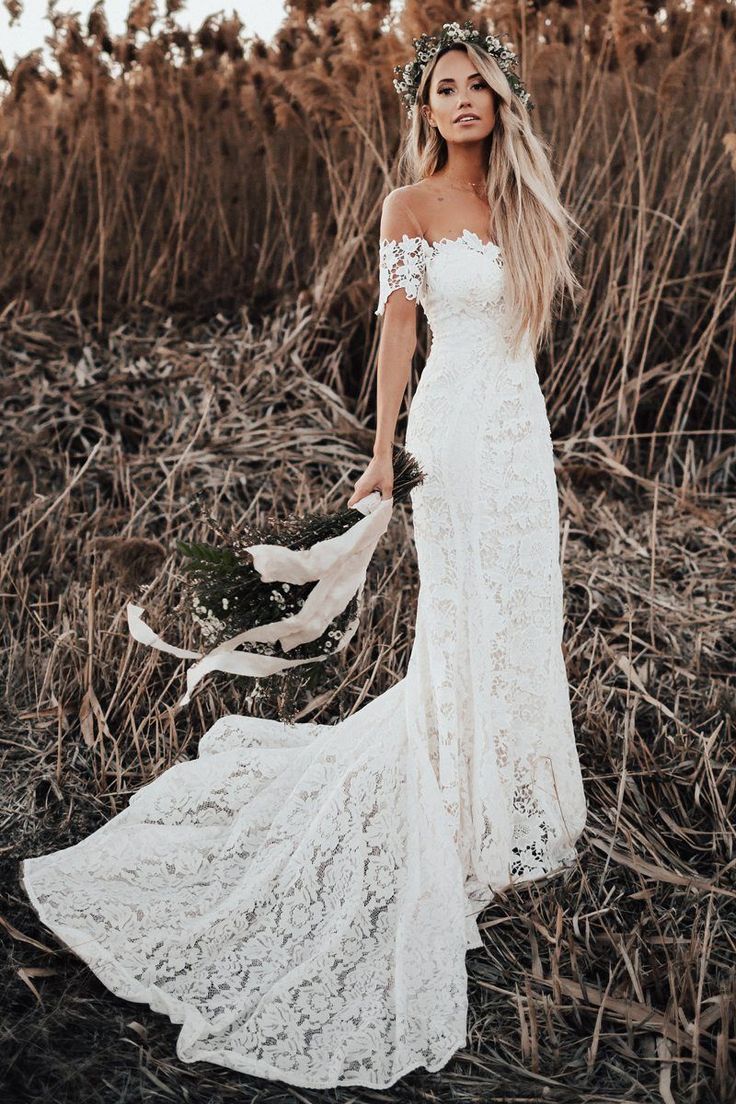Mermaid Round Neck Short Sleeves Lace Beach Wedding Dress Lace