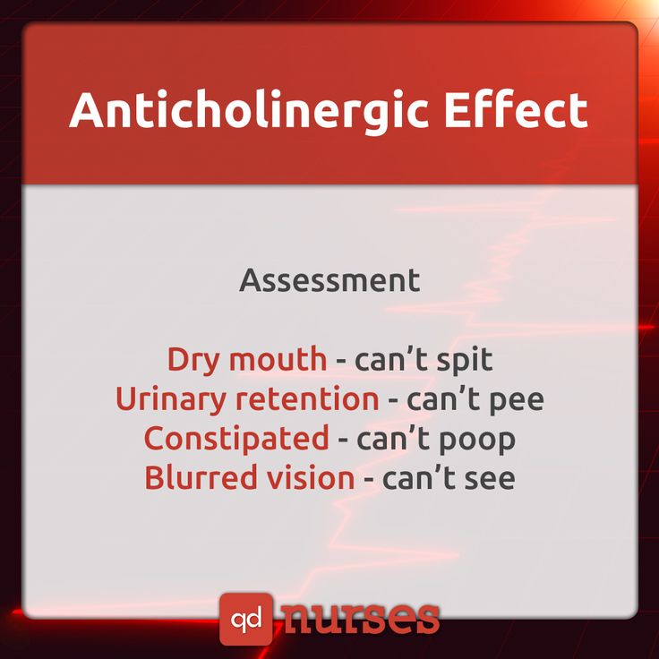 You must REMEMBER the drugs that can cause an anticholinergic effect: chlorpheniramine cyproheptadine diphenhydramine hydroxyzine furosemide digoxin nifedipine disopyramide amoxapine amitriptyline clomipramine desipramine doxepin imipramine nortriptyline protriptyline paroxetine diphenoxylate atropine belladonna clidinium chlordiazepoxide dicyclomine hyoscyamine propantheline cimetidine ranitidine