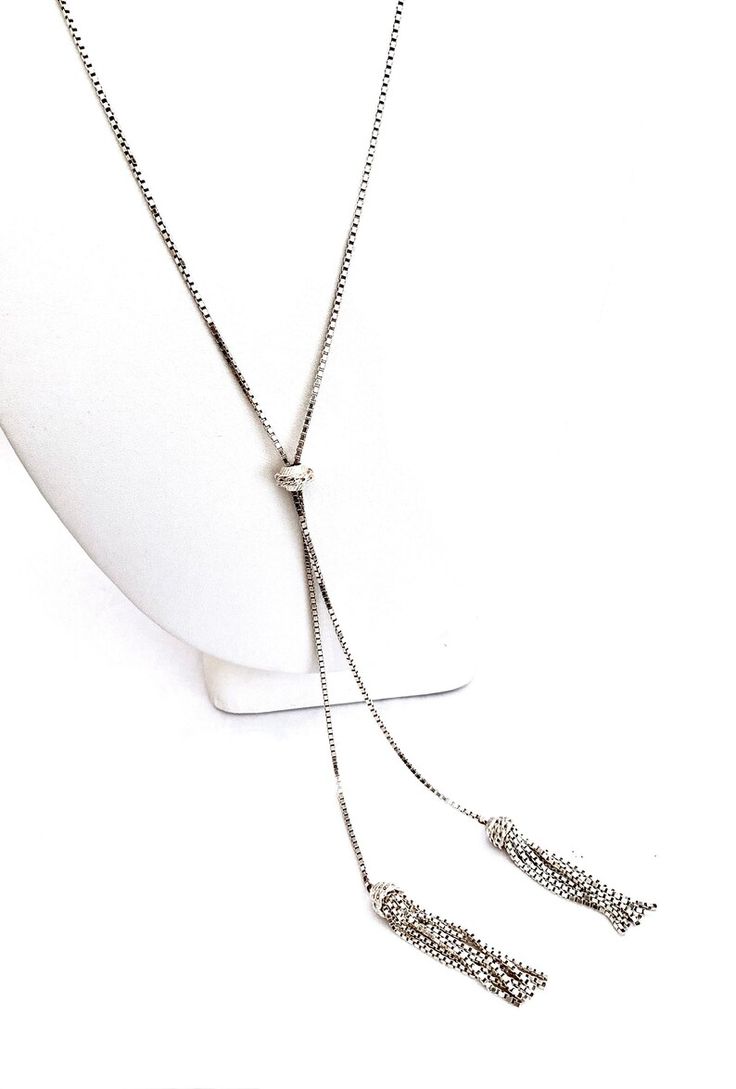 Silver Finish Chain White Rectangle Shaped Pendant Rhinestones Tassel Necklace Silver Finish Chain White Rectangle Shaped Pendant Rhinestones Tassel Necklace