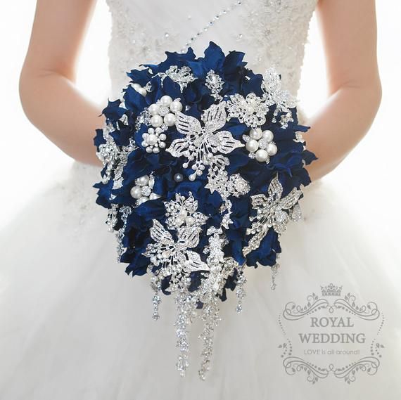 Navy Blue Cascade Brooch Bouquet Silver Bridal Wedding Bouquet