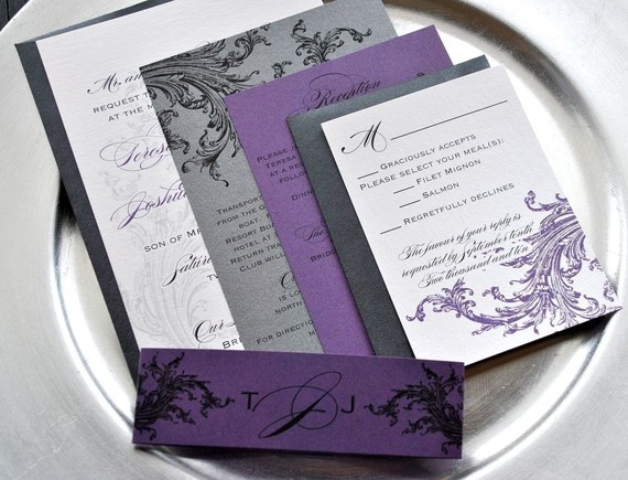 Hearts Of Glory Purple Grape Shimmer Filigree Pocket Wedding Hearts Of Glory Purple Grape Shimmer Filigree Pocket Wedding Invitation Black Envelopes And