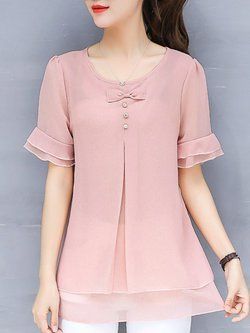 Solid Bow Casual Plus Size Frill Sleeve Chiffon Blouse Solid Bow Casual Plus Size Frill Sleeve Chiffon Blouse