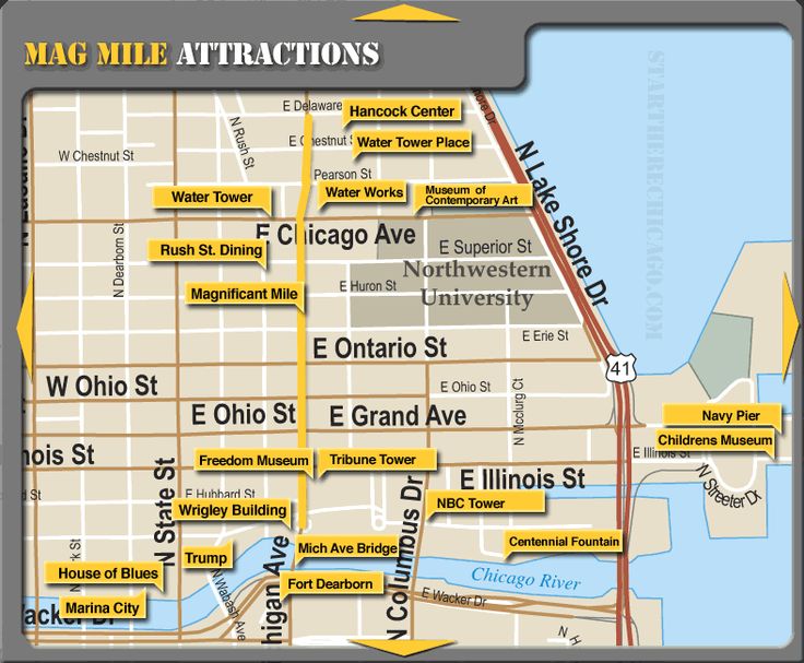 Mag Mile Attractions Http Www Startherechicago Com Attraction Maps 03642d87961eb8892b937b1c2b3ecce7 Chicago Maps