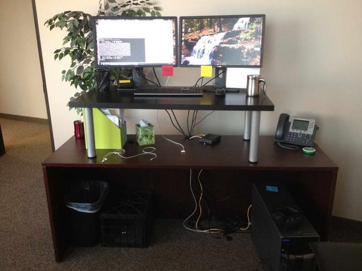 34 Best Standing Desks Images On Pinterest Craft Rooms Diy Build Your Own Stand Up Deskwith Long Wooden Desk Combined With Black Coffee Table Metal Legs Plus Monitors And Keyboard Telephone File