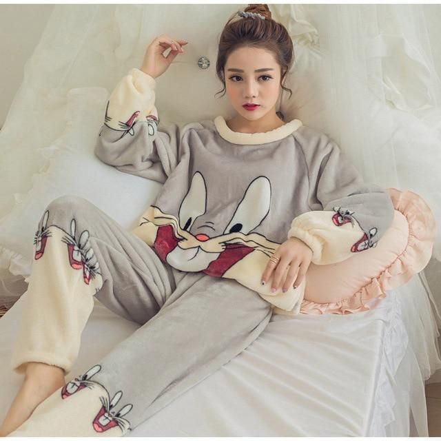 Ladies Casual Pajamas Set Winter Warm Fluffy Nightwear Long Sleeve Tops Pants