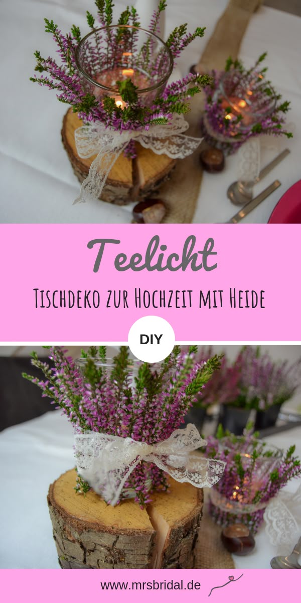 Windlichter mit Heide als Tischdeko für eine Herbst Hochzeit